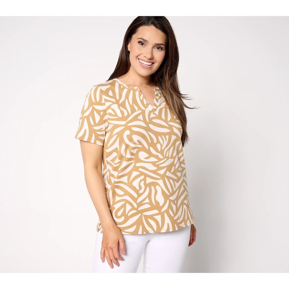 Sport Savvy Printed‎ Splitneck Short Sleeve Top Brown Medium